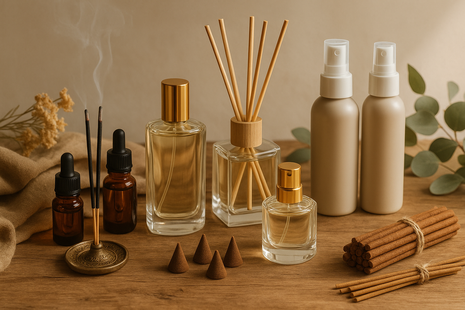 Create an image having fragrance related product like perfume, essential oils and diffuser oils, air freshener and Agarbatti, dhoop cone and dhoop sticks